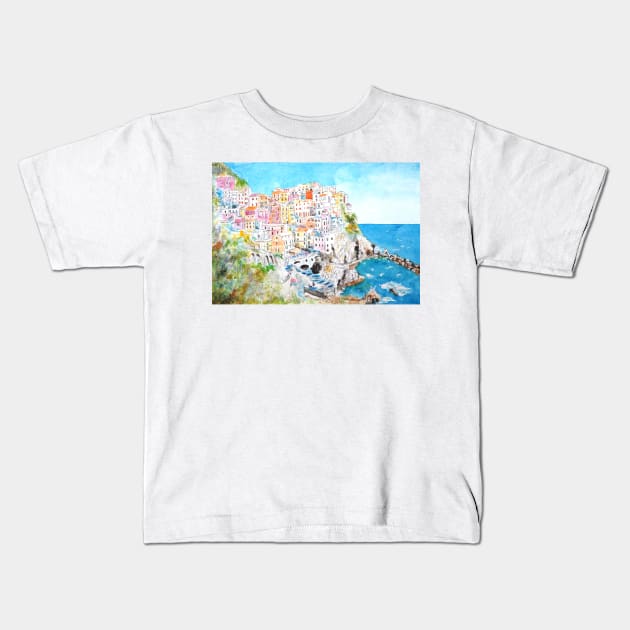 Italy Cinque Terre watercolor painting Kids T-Shirt by colorandcolor